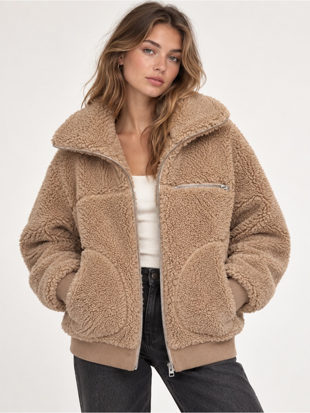 Aritzia Wilfred Free Teddy Jacket XS Beige Sherpa Fleece Zip Up Oversized Coat